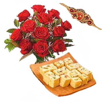 10 Roses with Sohan papri and a Rakhi