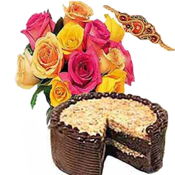 Rakhi with 10 Roses and half Kg Chocolate Cake 