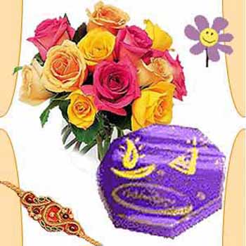 Rakhi with 12 Roses and Cadbury Celebrations Chocolates to India 