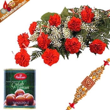 Red Carnations with Rakhi and Jammun 