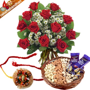 Rakhi-Red Roses with Dryfruit and Chocolates