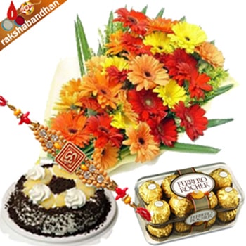 Gerberas with Cake and Ferrero-Rakhi 