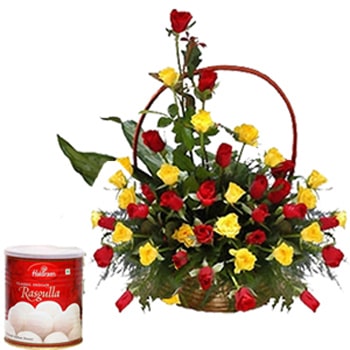 Janmashtami Roses Basket with Rasgulla