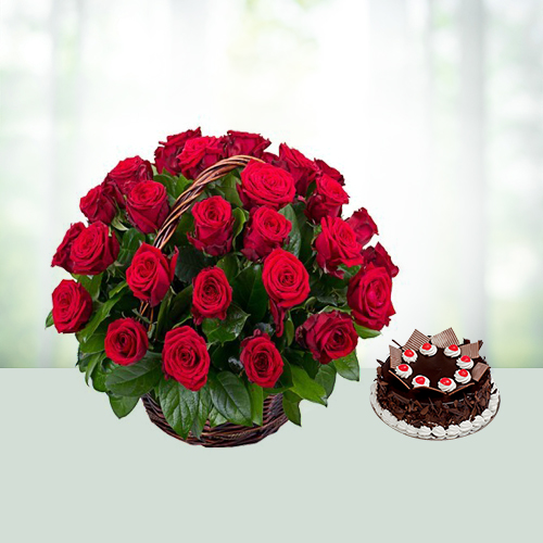 25 Red Roses basket N Cake