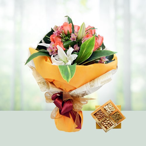 Dry Fruits With Mix Flower Bouquet 