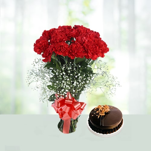 Flowers Bouquet 12 Red Carnations with 0.5 Kg Chocolate Cake 