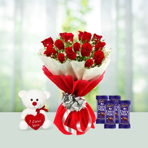 Love Flowers Bouquet with Chocolate and teddy