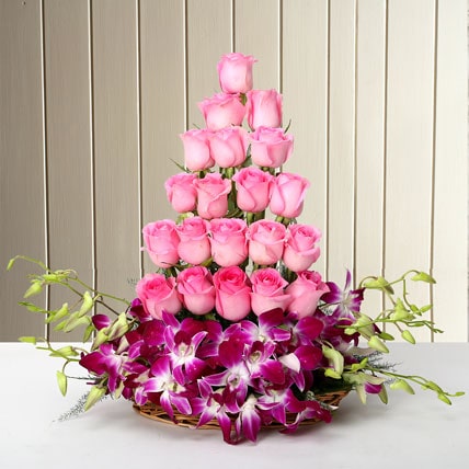 Basket Arrangement Of Orchids and Roses