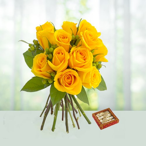 Yellow Roses with Kaju Sweets 