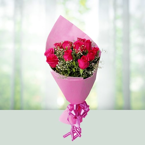 10 Pink Roses Flowers Bouquet 