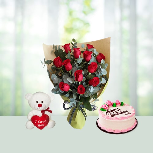 Flowers Cake Teddy Combo Gifts