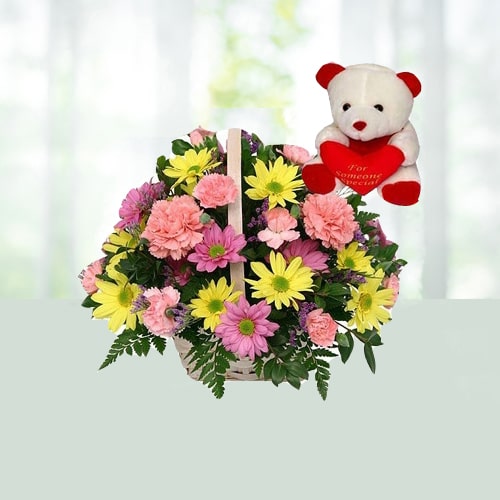 V Day - 20 Gerberas N Carnations Basket N 6 Inch Teddy 