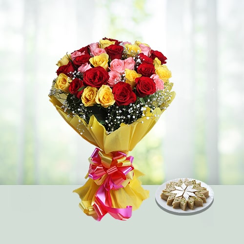 20 Mix Roses Bouquet with Kaju Burfi Sweet 