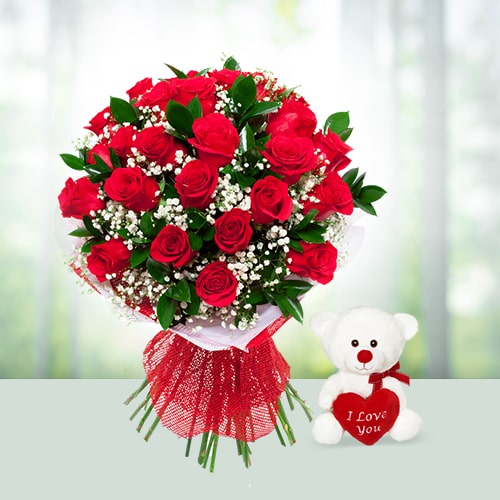 Flower Bouquet 24 Red Roses with 6 inch Teddy Bear 