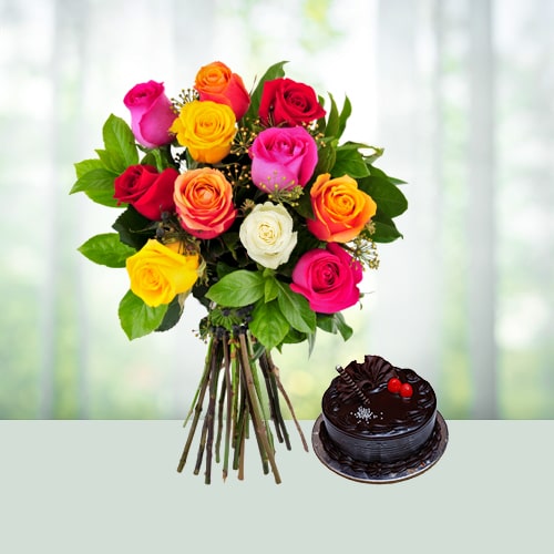 10 Mix Roses N Chocolate Cake