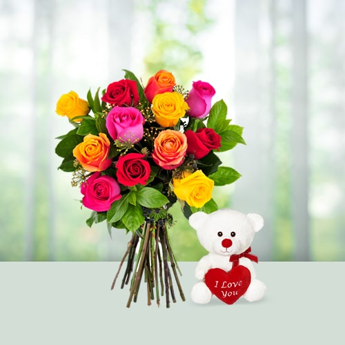 Mix roses Flowers Bouquet n teddy 