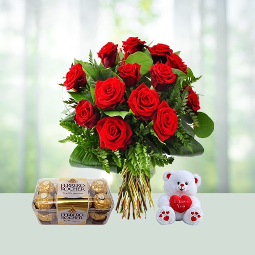 Roses With Ferrero Rocher N Teddy Combo 