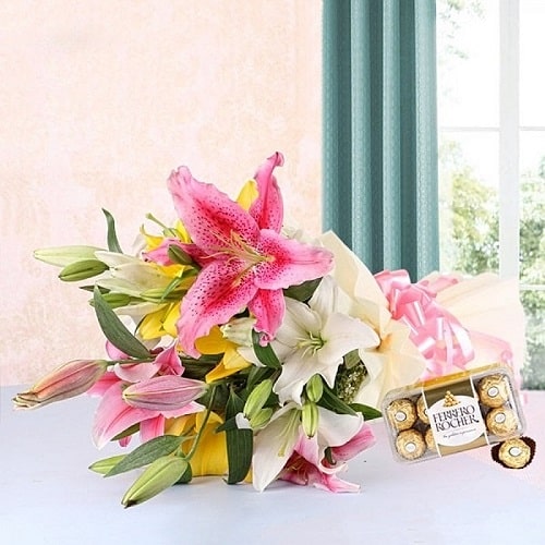 Send Gift-Assorted Lily Bouquet And Ferrero Rocher