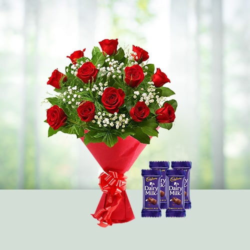 12 Red Roses Bouquet and 4 Dairy Milk Chocolates 