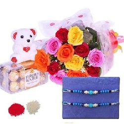 Rakhi with Ferrero Rocher Teddy N Mix Roses