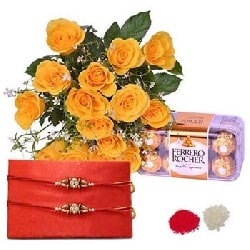 Rakhi with Ferrero Rocher and Yellow Roses 