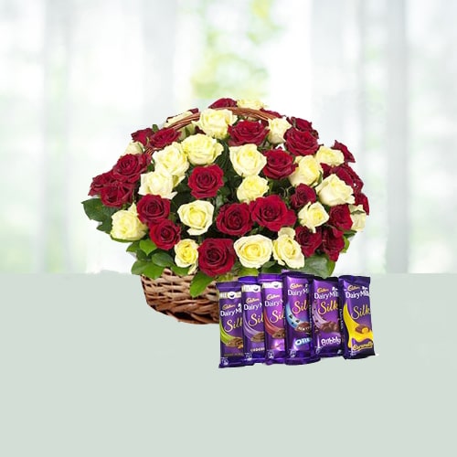 V Day- Bouquet of 45 Red and Yellow Roses with 6 Diary Milk Silk Chocolates